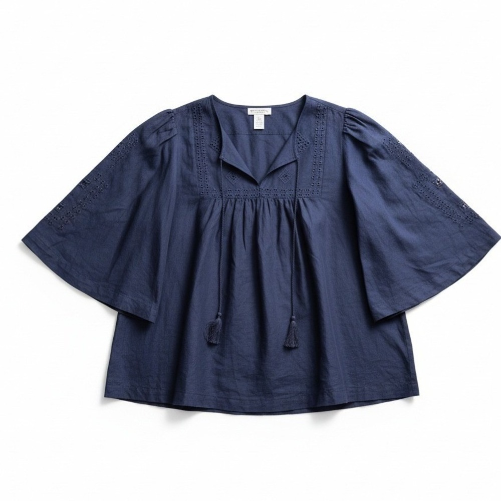 Calypso St Barth Blouse 2X Navy Cotton Linen Eyelet Tassel Peasant Boho